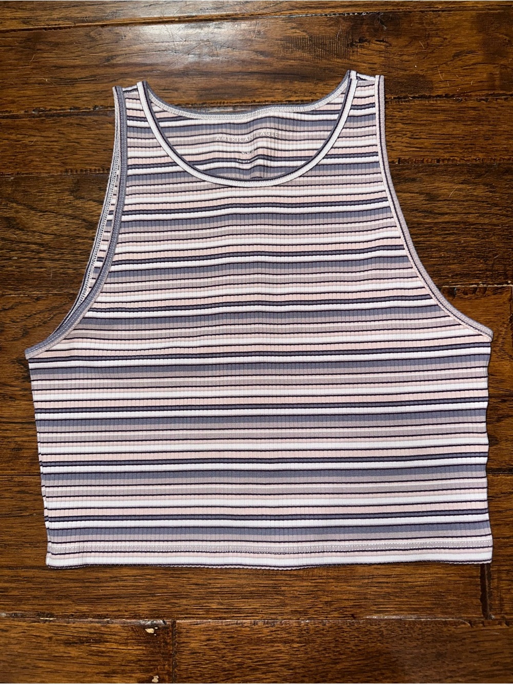 American Eagle Striped Ribbed Crop Tank Top in Light Pink and Gray